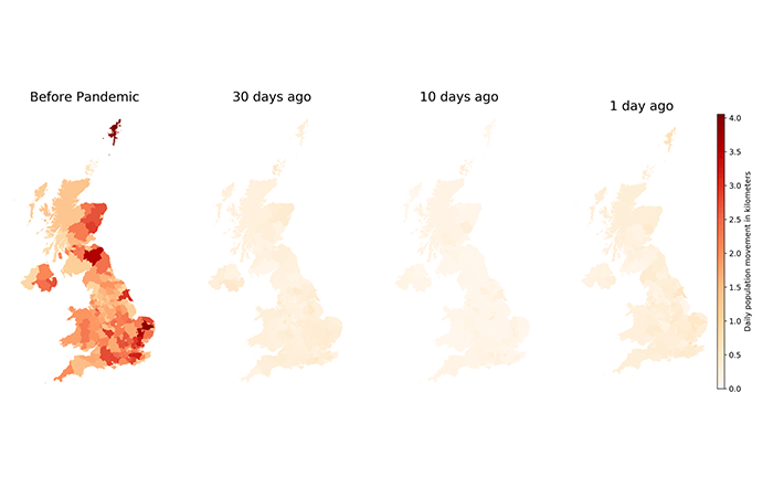 Daily population movement in kilometers. Oxford COVID-19 Impact Monitor.