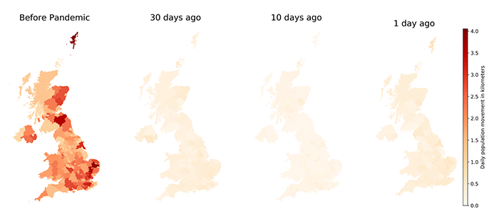 Daily population movement in kilometers. Oxford COVID-19 Impact Monitor.