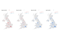 Illustration applying the Dorling cartogram algorithm, in terms of the size in proportion to the average daily activity and travel radius of consecutive residents, across the UK